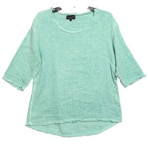 Flora Ashley Linen Blend 3/4 Sleeve Top Small Aqua Green Fringed Hem‎ Boho